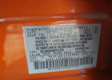 2021 Nissan Sentra Sr Xtronic Cvt z USA, uszkodzony, nr VIN 3N1AB8DV4MY247295